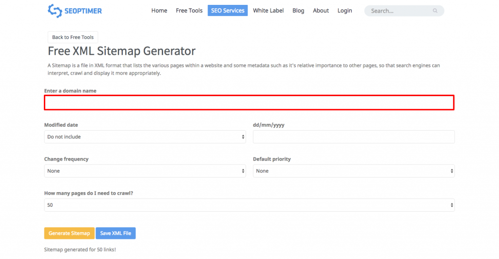 seoptimer sitemap generator hoe url in te voeren